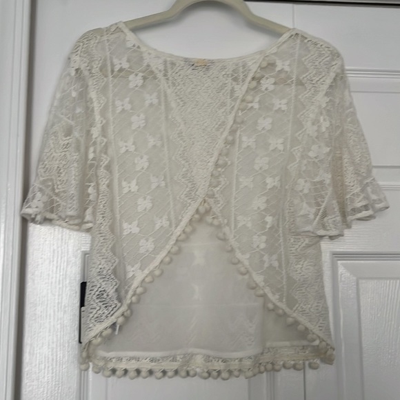 Guess White Lace Blouse with Pom Pom Trim - Picture 8 of 9